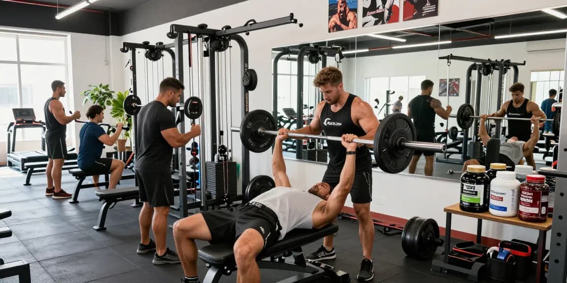 Bodybuilder im Anabolika Shop bei einer Trainingseinheit mit Gewichten und Proteinshakes.