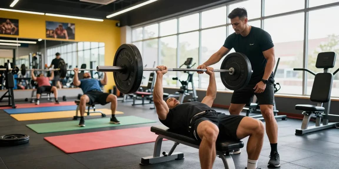 Anabolika Shop showcasing bodybuilder on bench press in vibrant gym, emphasizing strength training and dedication.