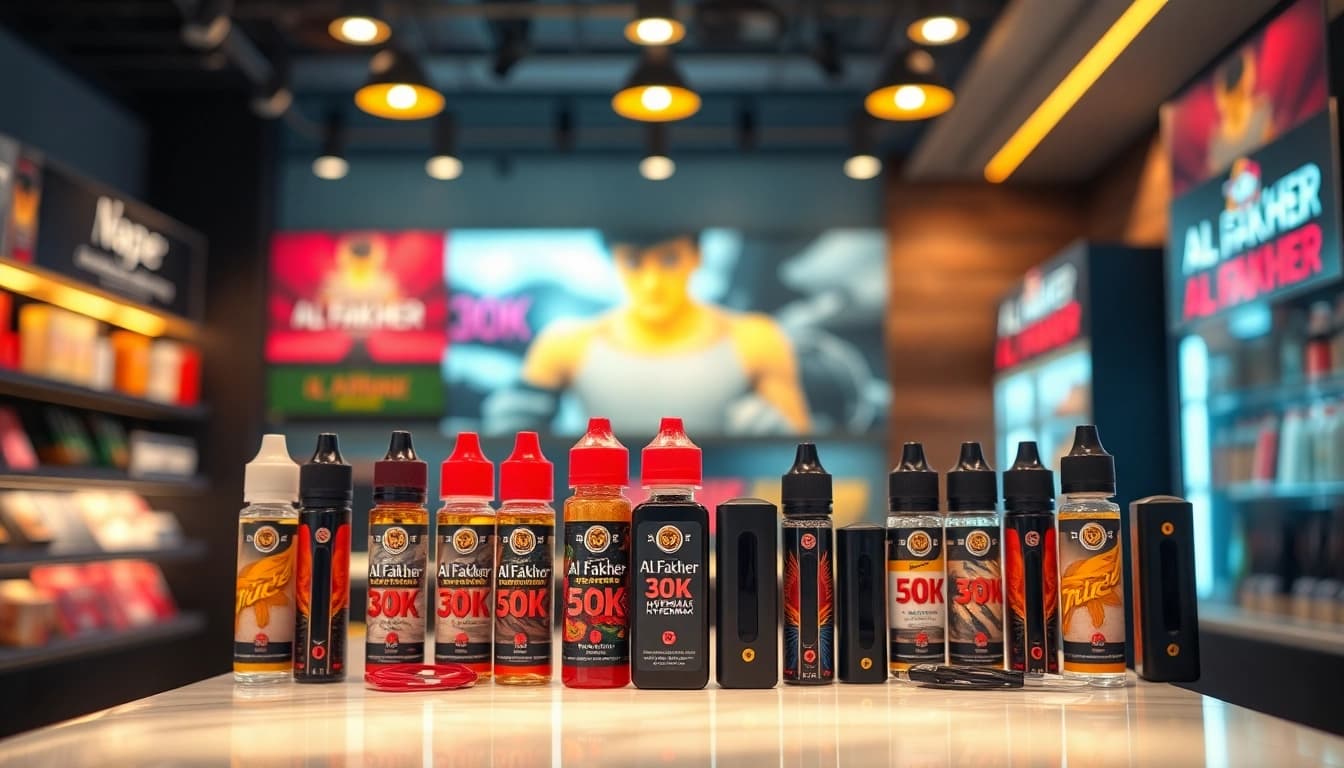 Al Fakher 30K Hypermax im ansprechend dekorierten Vape Store präsentiert exklusive Aromen und Accessoires.