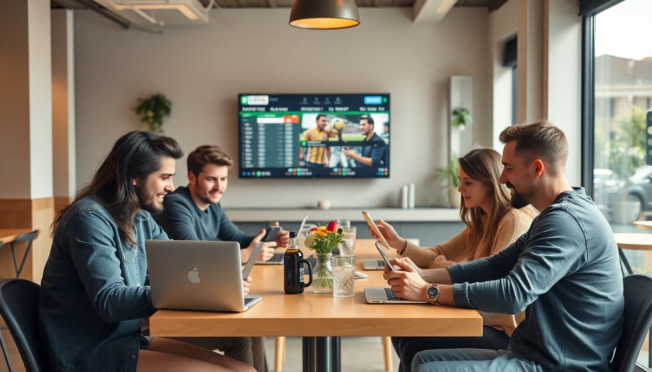 Junge Leute platzieren Sportwetten bei einem Wettanbieter ohne deutsche Lizenz in einem modernen Café.