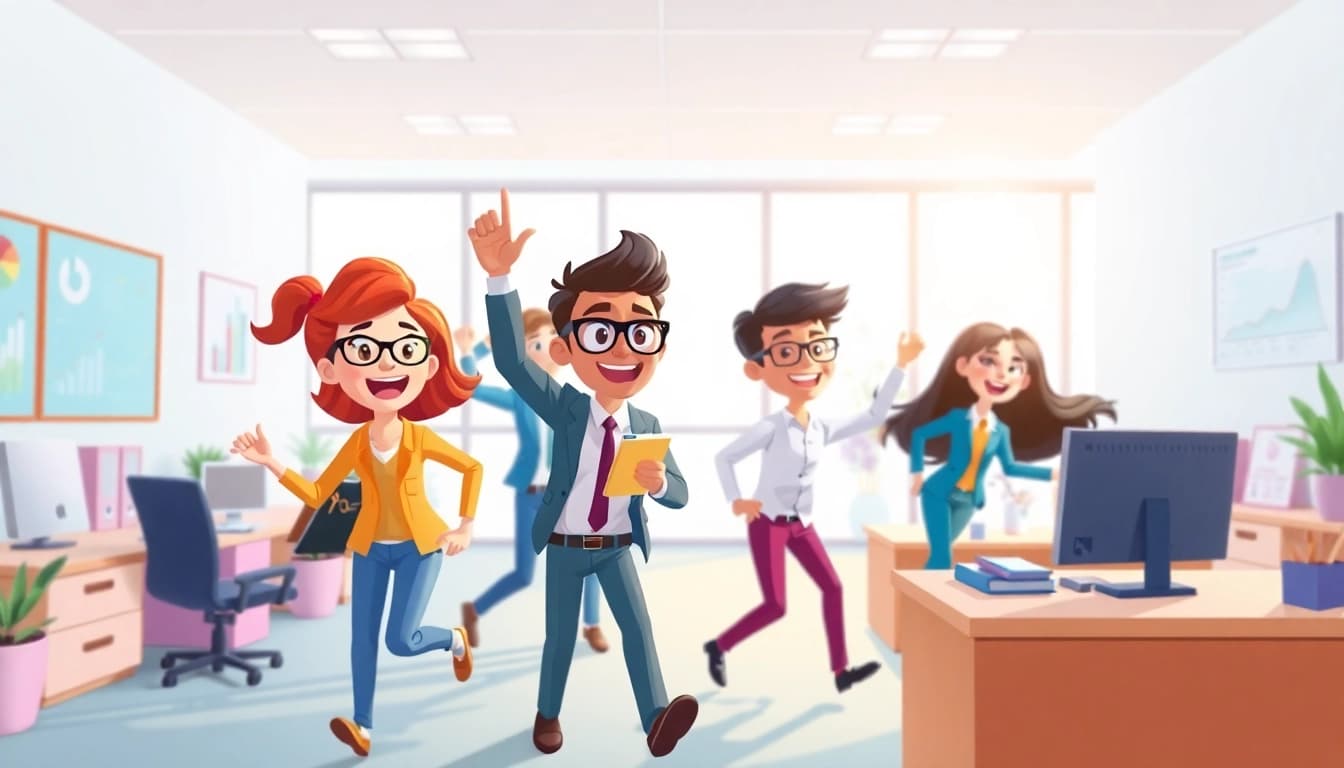 Creating engaging Unternehmensanimation showcasing vibrant 2D characters in an animated business environment.