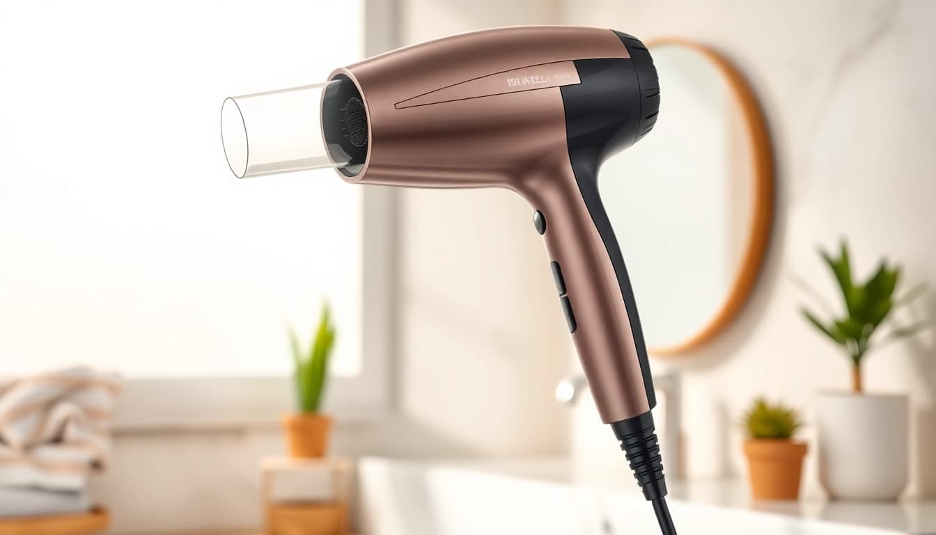Der laifen föhn im eleganten Badezimmer mit modernen Akzenten und natürlichem Licht.