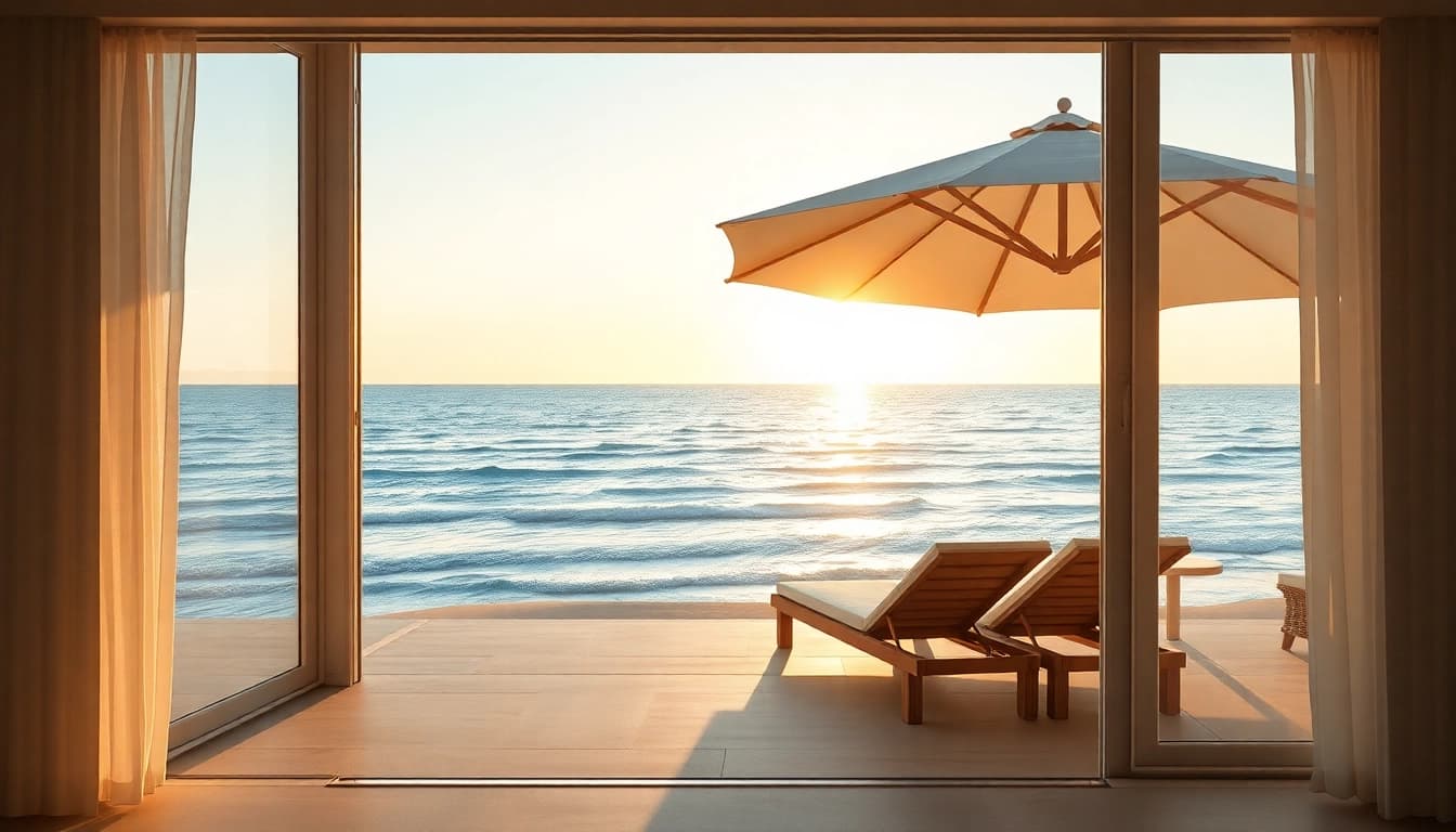 Ein Küsten-Cabana am Strand mit großen Fenstern und entspannendem Außenbereich.