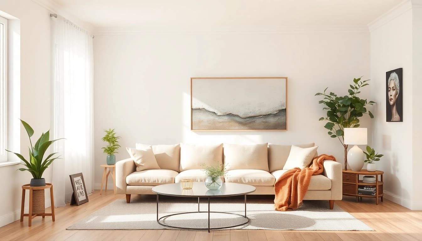 Moderne Raumgestaltung mit eleganter Lounge-Ecke und nahtloser Farbpalette