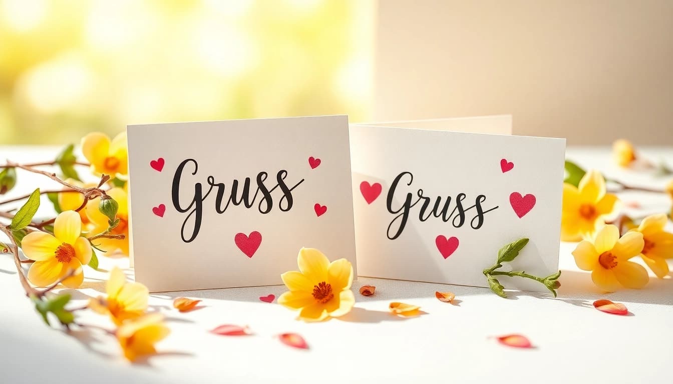 Gestalte kreative Grusskarten Schweiz mit floralen Designs und handgeschriebenen Botschaften.