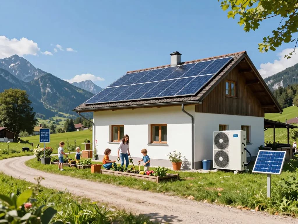 Photovoltaik Bayern - Ein modernes bayerisches Haus mit Solarpanelen und einer energieeffizienten Wärmepumpe in einer sonnigen Landschaft.