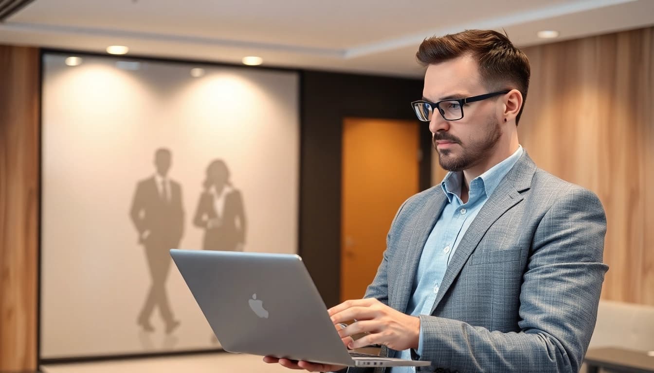 Professioneller Headhunter Karlsruhe arbeitet fokussiert an einem Laptop in einem modernen Büro.