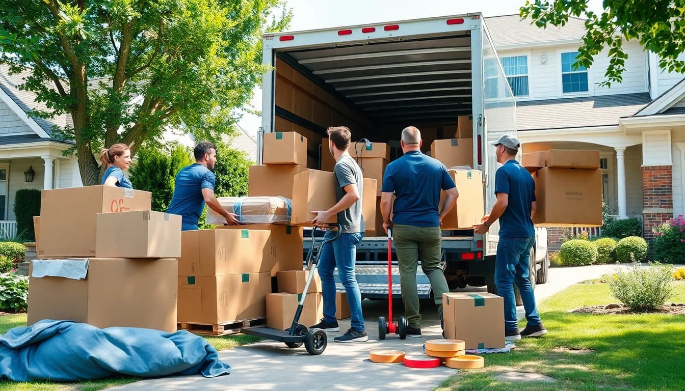Umzugsunternehmen Darmstadt transporting boxes with a professional team on site.