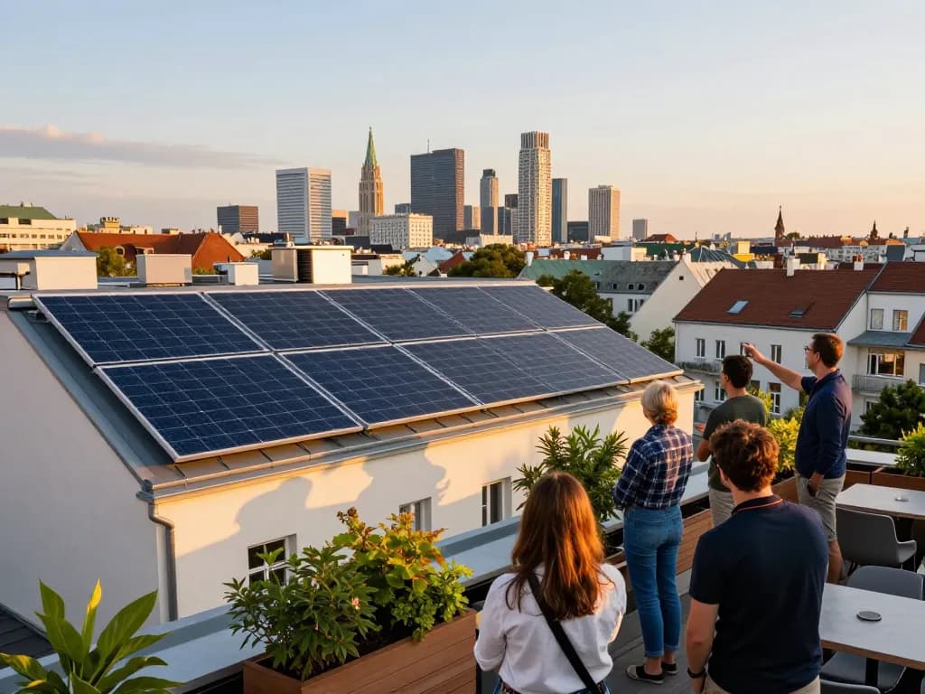 Dachsolarpanels Solar Wien über der Wiener Skyline, die nachhaltige Energielösungen in einem städtischen Umfeld fördert.