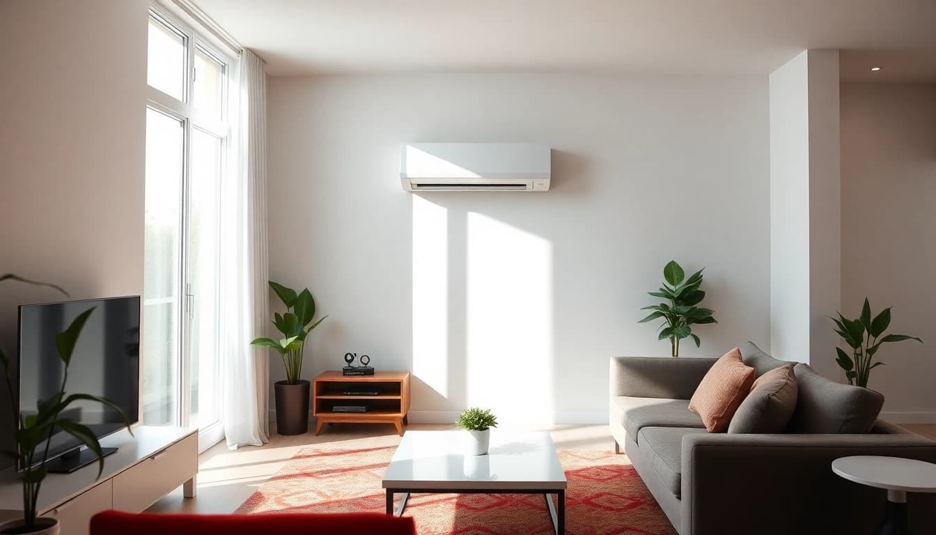 Klimaanlage kosten: Stilvolle Klimaanlage in modernem Wohnzimmer zeigt die verschiedenen Preisklassen und Möglichkeiten.