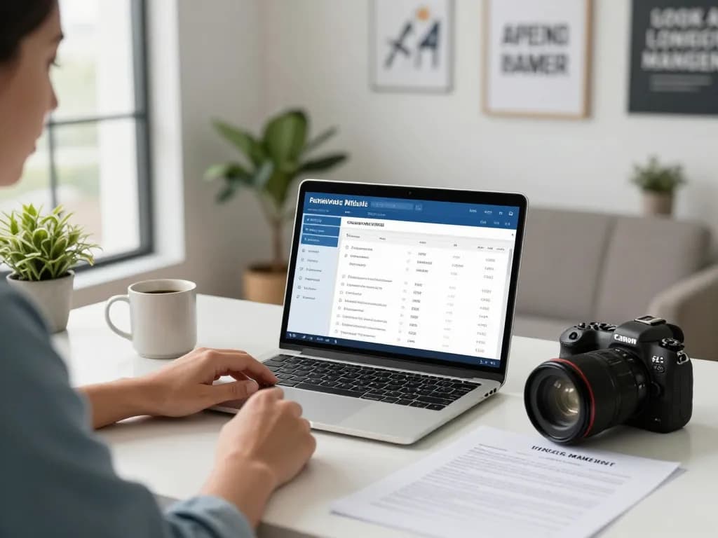 Scène de travail engageante mettant en avant l'utilisation de logiciel gestion locative gratuit avec des outils de gestion immobilière et des documents.