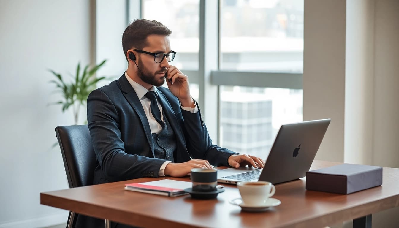 Headhunter Hagen führt ein Gespräch am Schreibtisch in einem modernen Büro.