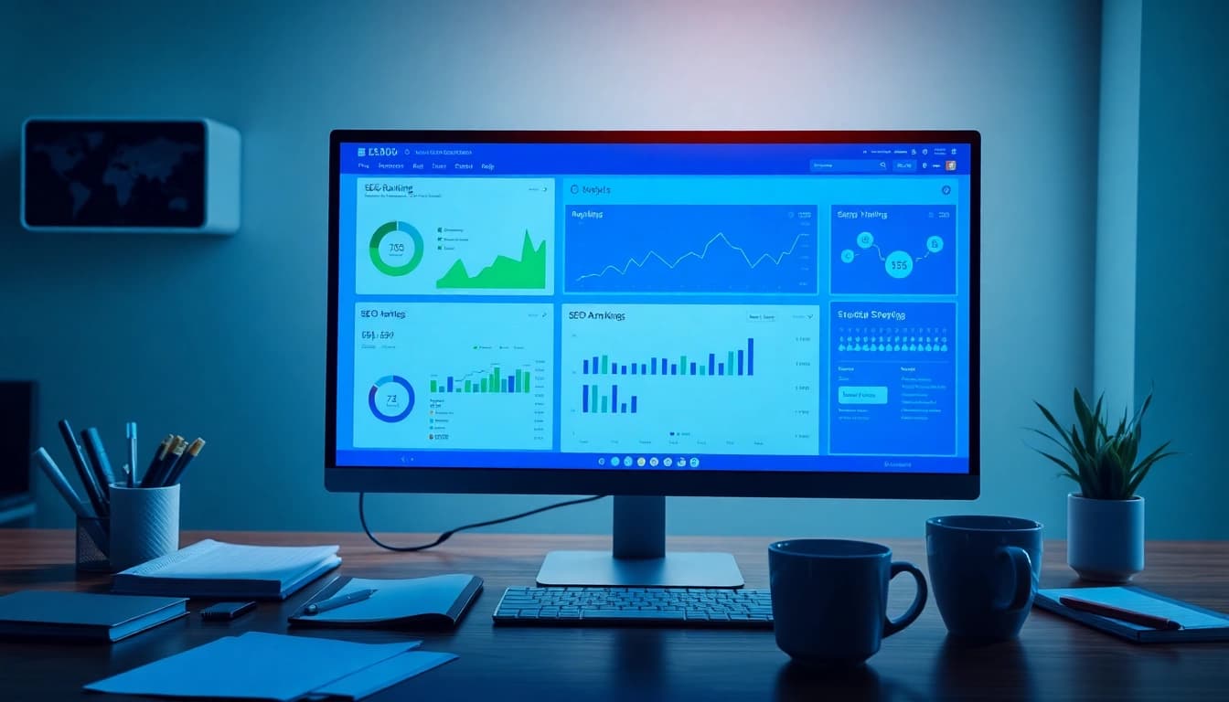 Visualize SEO-Ranking analytics on a vibrant digital workspace.