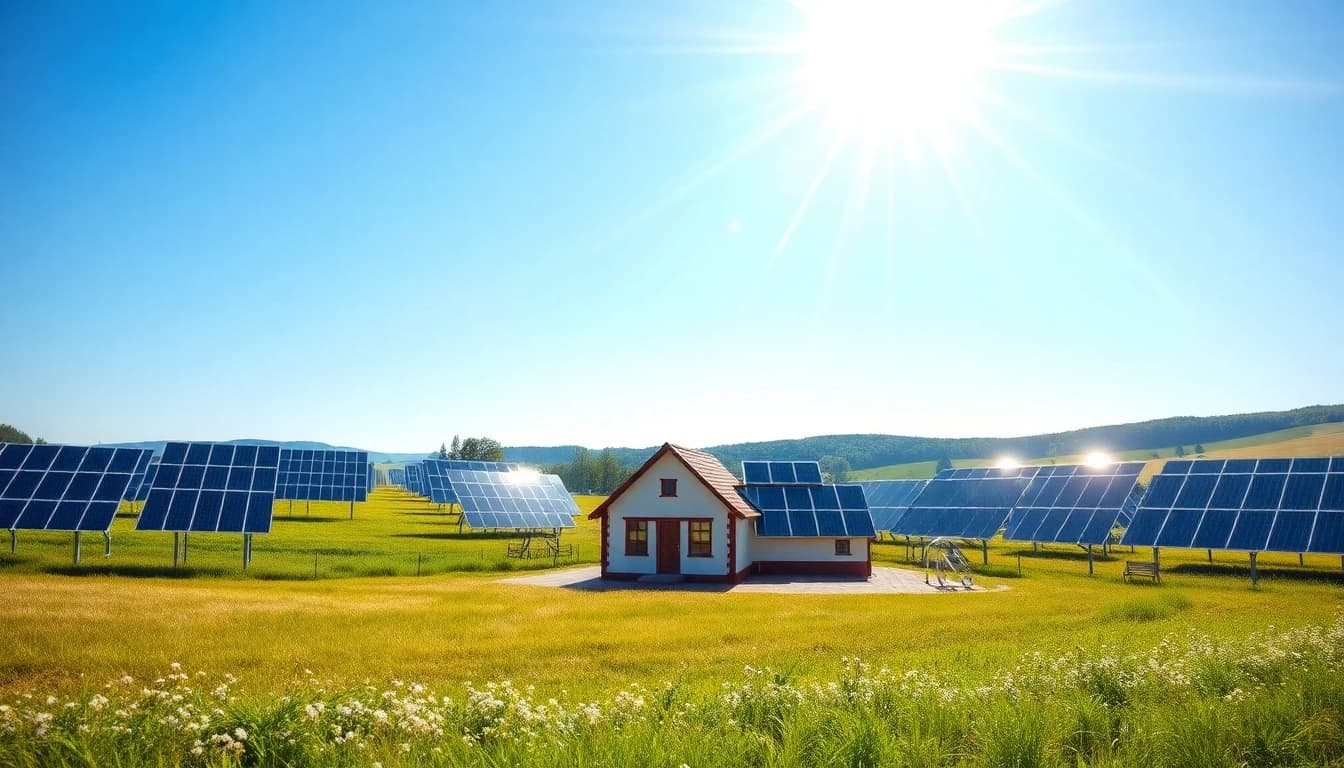 Grafik zur Darstellung von solarbetriebenen Freiflächen mit Solarpanelen und einer Bauernhof-Silhouette, die FREIFLÄCHE VERPACHTEN betont.