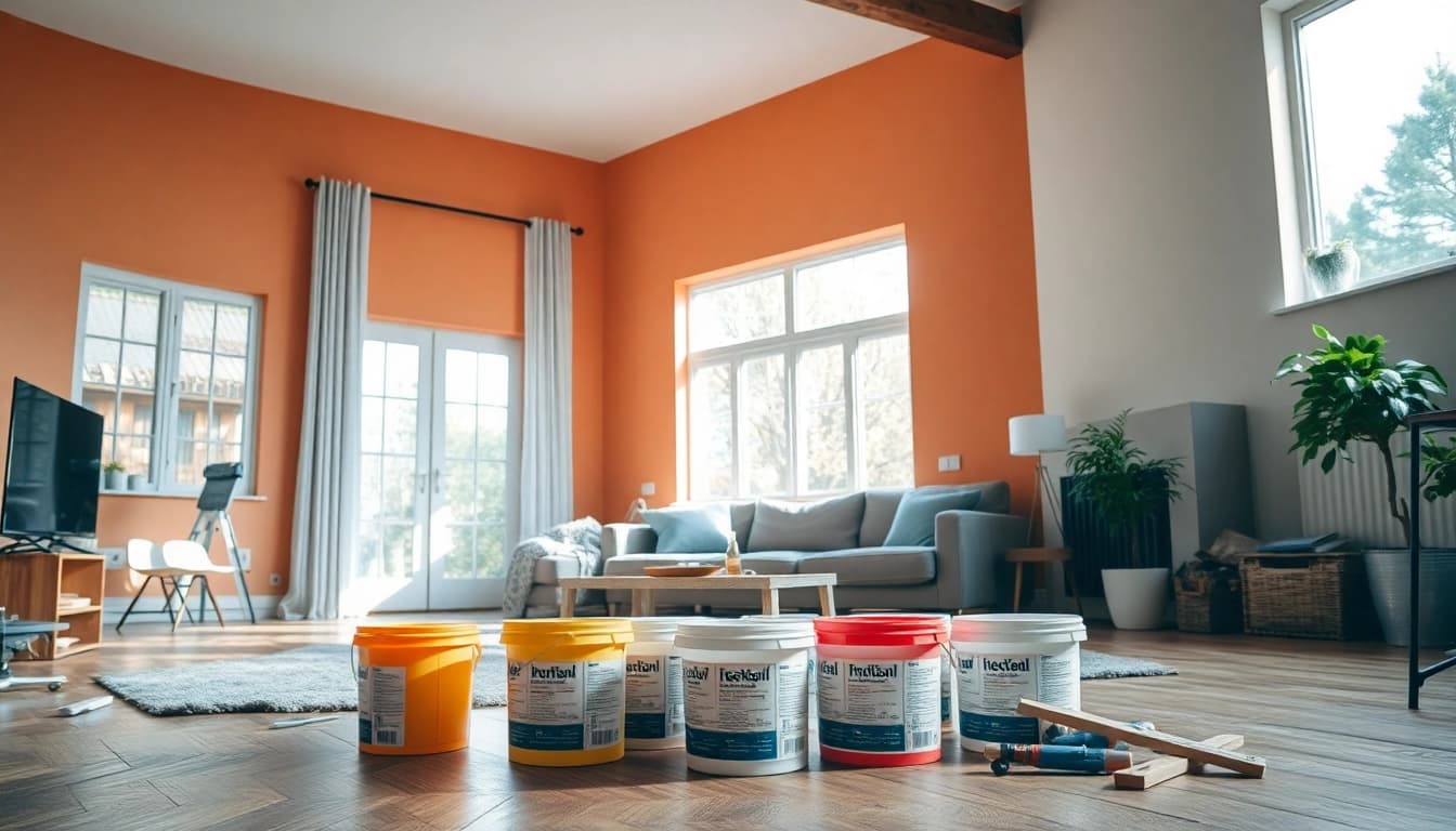 Begeisternde Hausrenovierung: Ein lebendiges Wohnzimmer mit Renovierungstools.