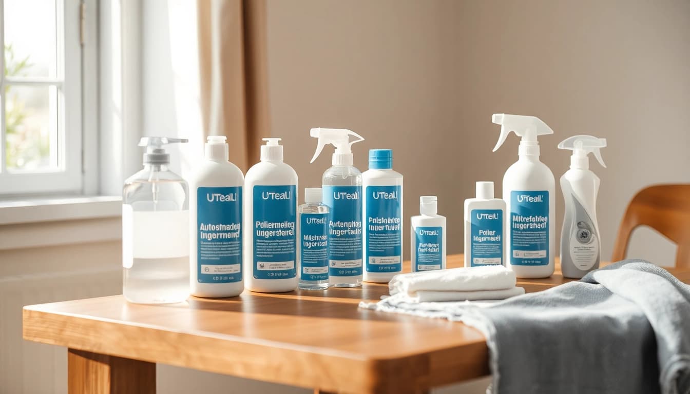 Detailing Produkte anzeigen: Hochwertige Fahrzeugpflegeprodukte in eleganter Präsentation auf Holztisch.