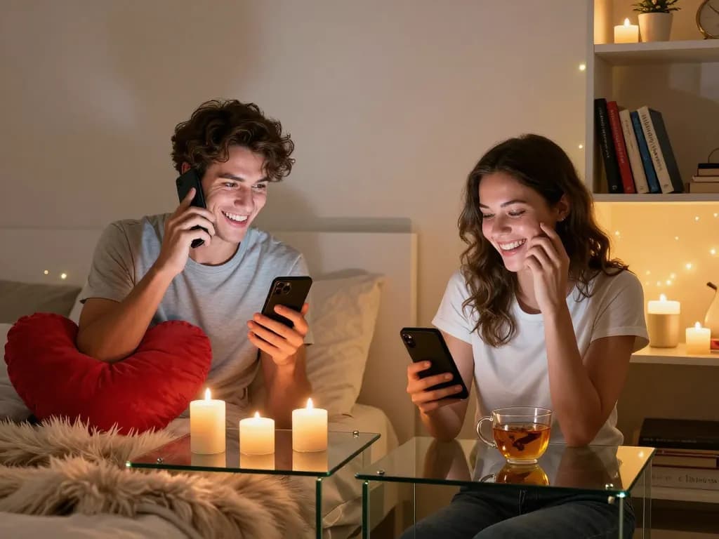 Playful scene of young adults sexting AI in cozy bedroom, showcasing intimate technology use and romantic atmosphere.