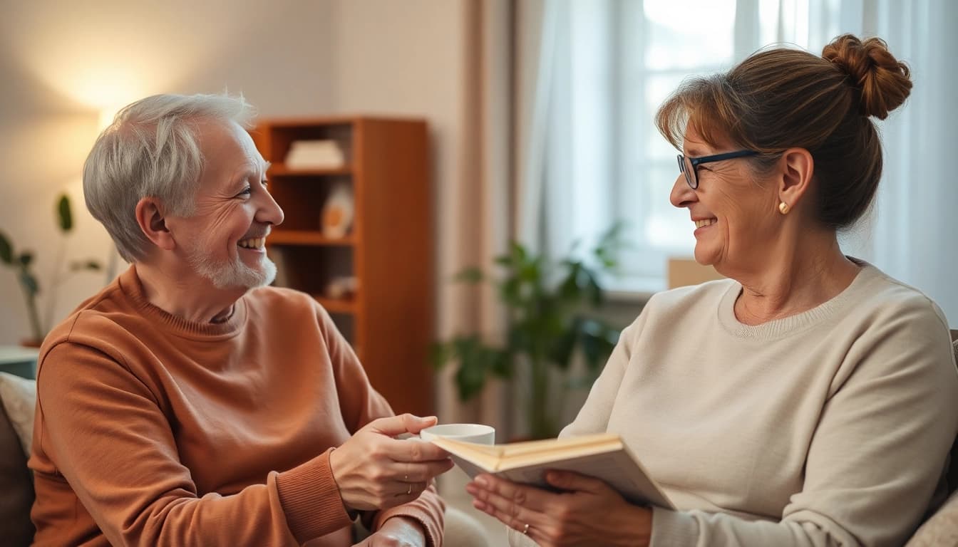 Pflegedienst zeigt eine Pflegekraft, die empathisch einem älteren Menschen im Wohnzimmer hilft.
