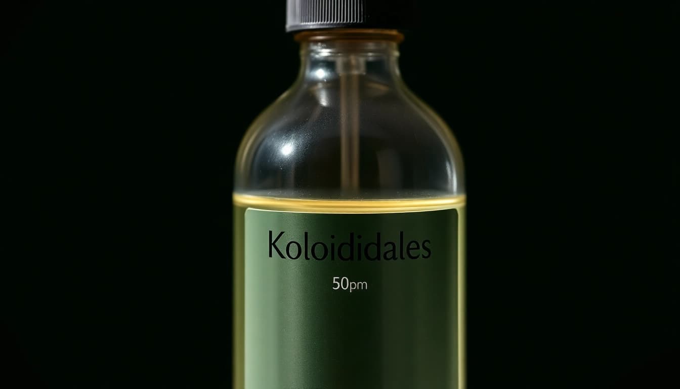 Enhance well-being with Kolloidales Silber 50 ppm in a clear glass bottle against a soft green backdrop.