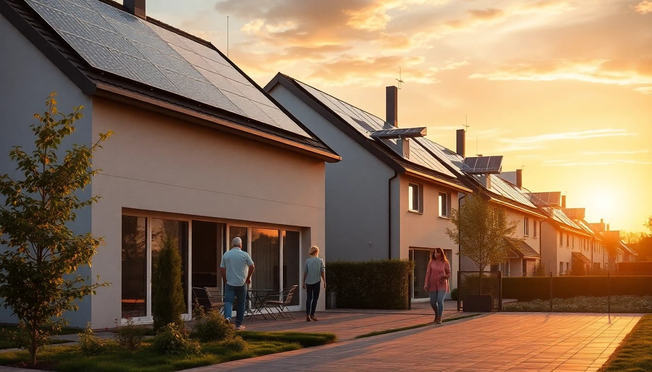 Familie genießt einen Garten mit Solarpanelen, ideal für Photovoltaik kaufen und installieren lassen.