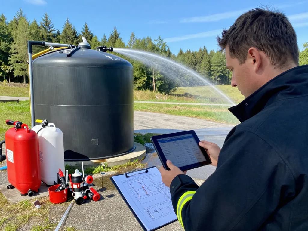 Experte bewertet Löschwasserzisterne Berechnung Löschwasserbedarf im Freien mit tragbaren Löschwassertanks.