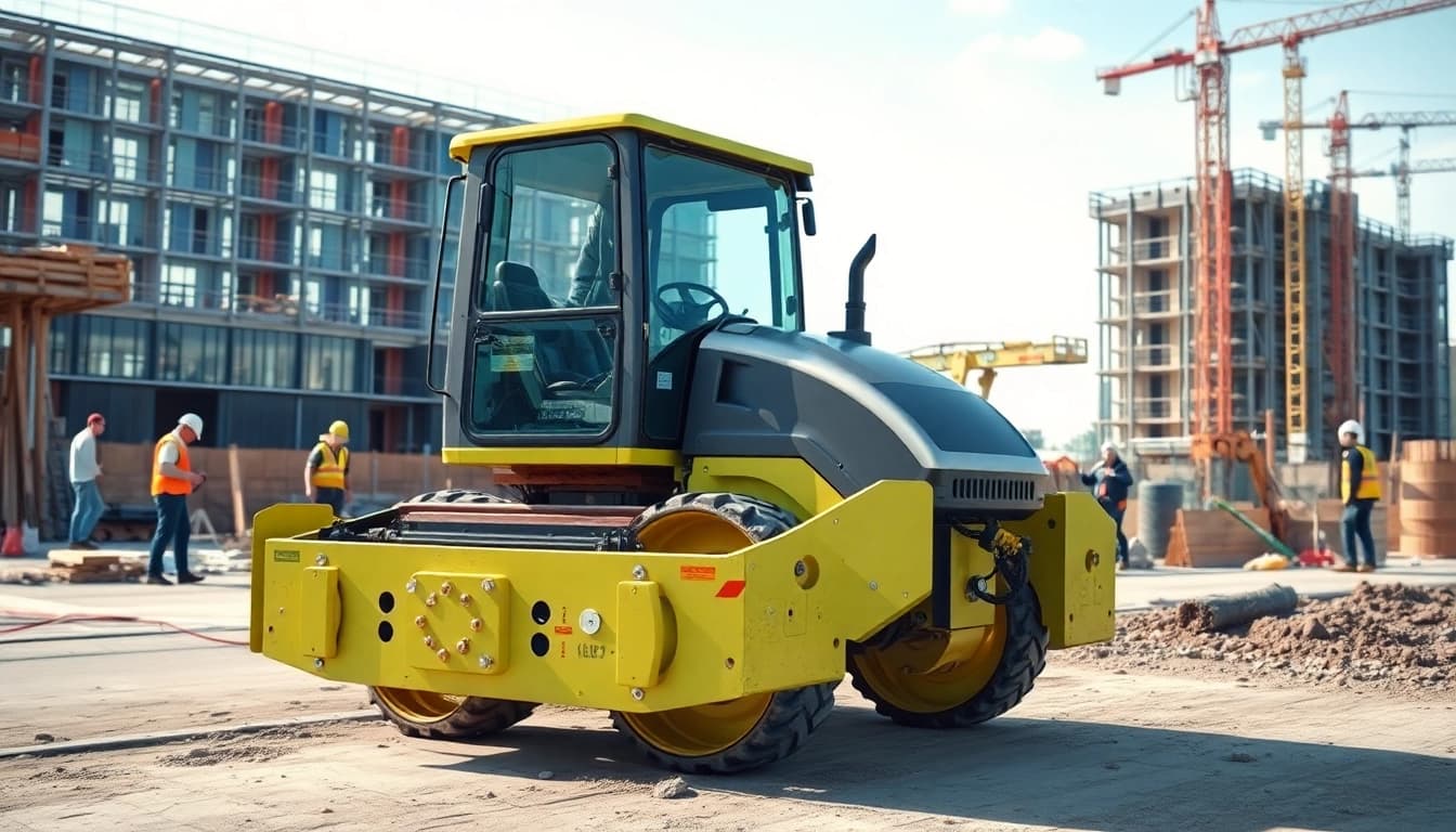 Radlader mieten Hannover - Moderner Radlader im Einsatz auf einer Baustelle mit Arbeitern.