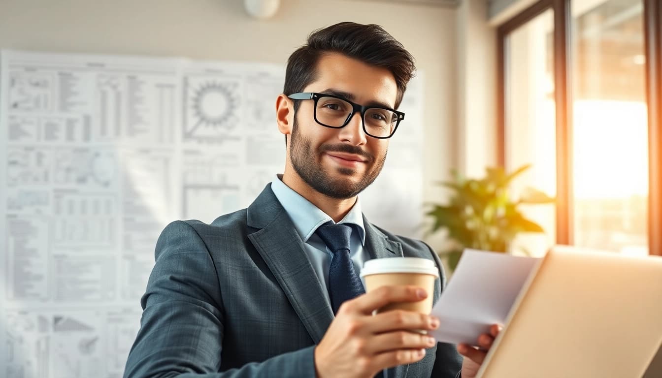 Headhunter Ingenieure berät in einem modernen Büro, umgeben von Lebensläufen und Plänen.