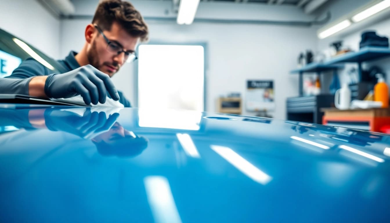 Fahrzeugaufbereitung in einer professionellen Werkstatt mit glanzvollem Auto.