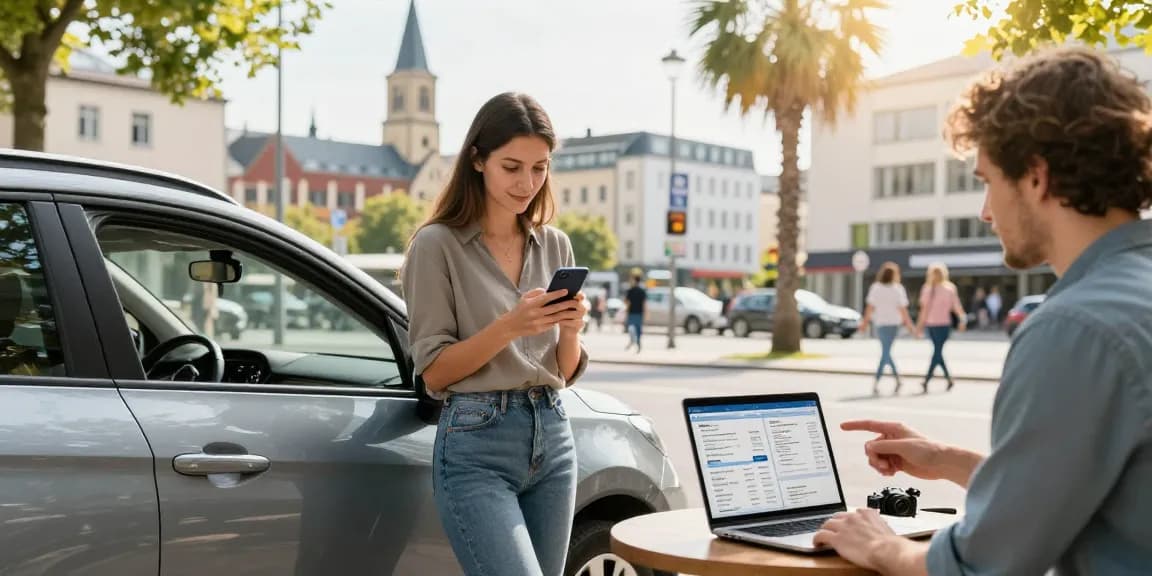 Junge Fahrerin prüft Autoversicherung in Dortmund via Smartphone, umgeben von einer lebhaften Stadtszene.