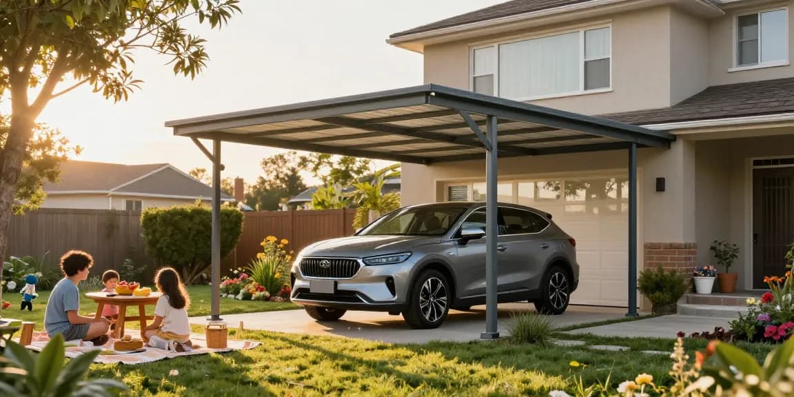 Moderner Carport schützt Fahrzeug in idyllischer Gartenlandschaft mit Familie beim Picknick.