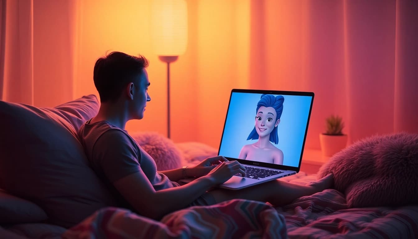 Engage in free sex ai conversations with an inviting virtual AI character in a cozy digital setting.