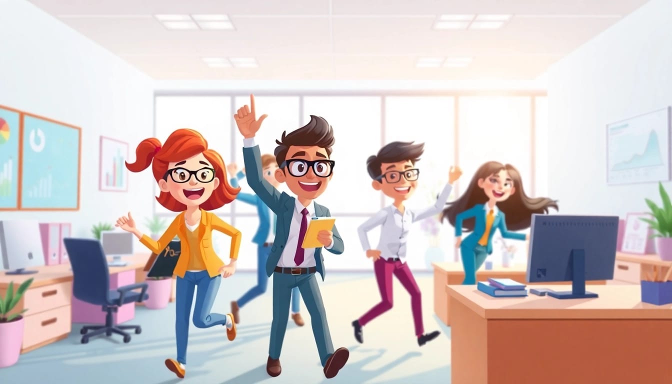 Creating engaging Unternehmensanimation showcasing vibrant 2D characters in an animated business environment.