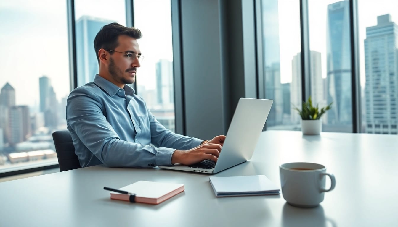 Personalberater arbeitet konzentriert in modernem Büro mit Stadtblick.