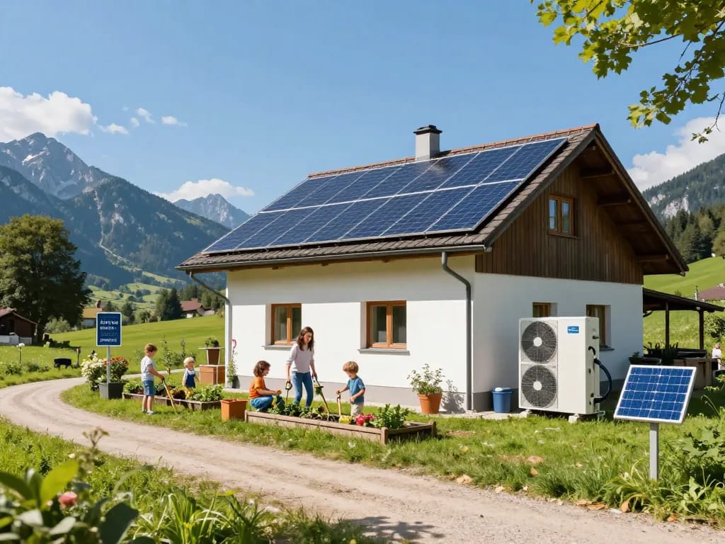 Photovoltaik Bayern - Ein modernes bayerisches Haus mit Solarpanelen und einer energieeffizienten Wärmepumpe in einer sonnigen Landschaft.