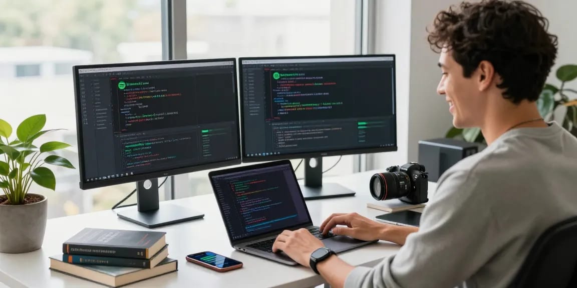 Engaging workspace showcasing the spotify mod interface, featuring a person working with dual monitors and a laptop in a modern office.