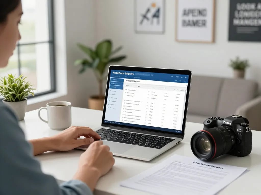 Scène de travail engageante mettant en avant l'utilisation de logiciel gestion locative gratuit avec des outils de gestion immobilière et des documents.