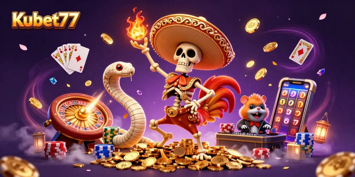 Experience the thrill of Kubet77 with vibrant casino characters celebrating amidst shiny gold coins and games.
