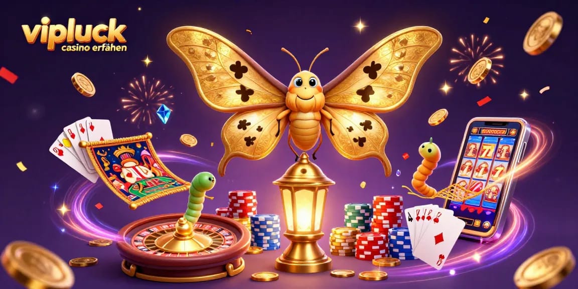 Erleben Sie VIPLuck Casino Erfahrungen mit einem majestätischen Atlas-Moth, umgeben von Casino-Motiven.