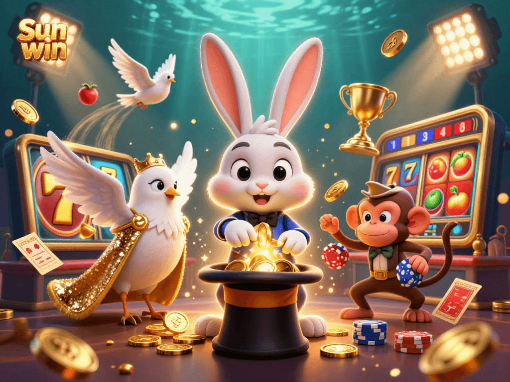 Spin to win with Sun win at a lively casino scene featuring a magician and vibrant game elements.