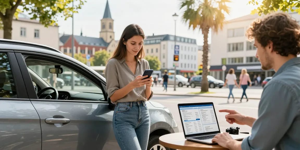 Junge Fahrerin prüft Autoversicherung in Dortmund via Smartphone, umgeben von einer lebhaften Stadtszene.