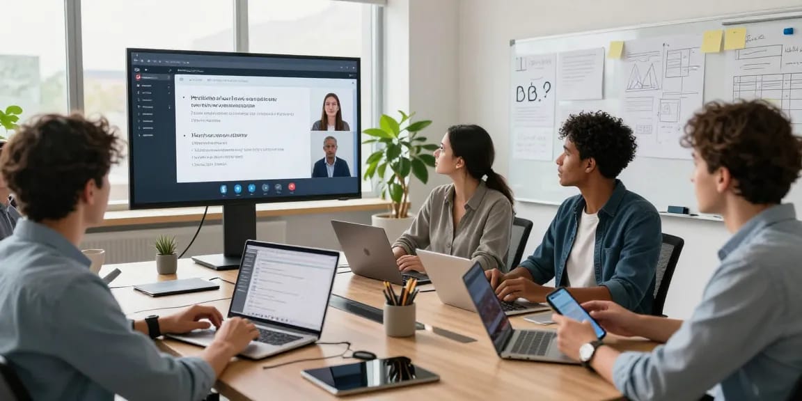 Professionelles Team bei einem virtuellen Meeting mit AI-Transkriptionssoftware zur Echtzeitübersetzung in einem modernen Büro.