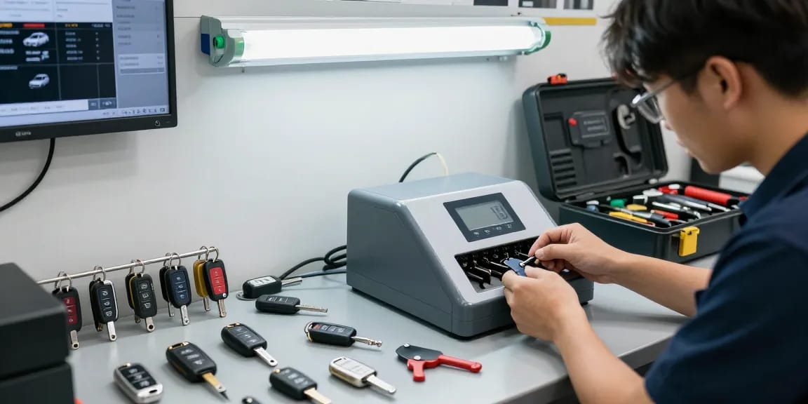 Techniker bei der Schlüsselduplikation für Autos, sehen Sie hier die vielfältigen Schlüsselmodelle und Werkzeuge sichtbar.