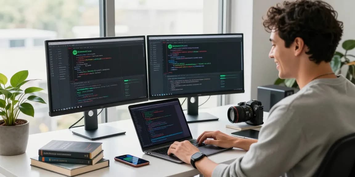 Engaging workspace showcasing the spotify mod interface, featuring a person working with dual monitors and a laptop in a modern office.