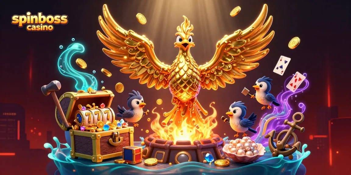 Spiele im spinboss casino mit einem goldenen Phoenix und Slot-Maschinen umgeben von Schätzen.