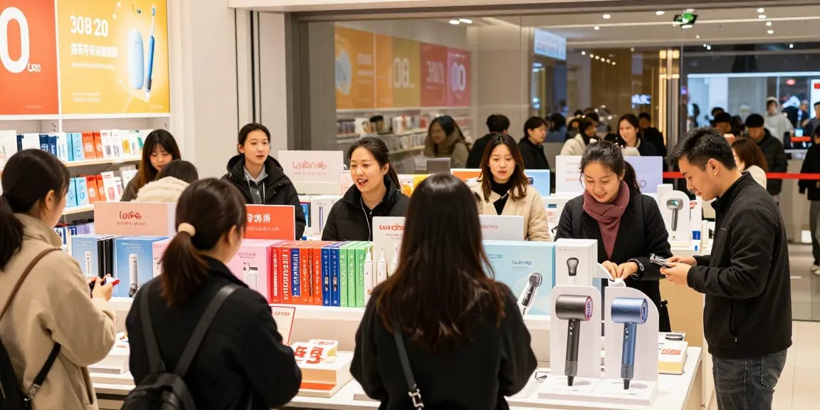 Laifen de Angebote im modernen Geschäft während des Prime Day Sales, Kundeninteraktion und Produkte.