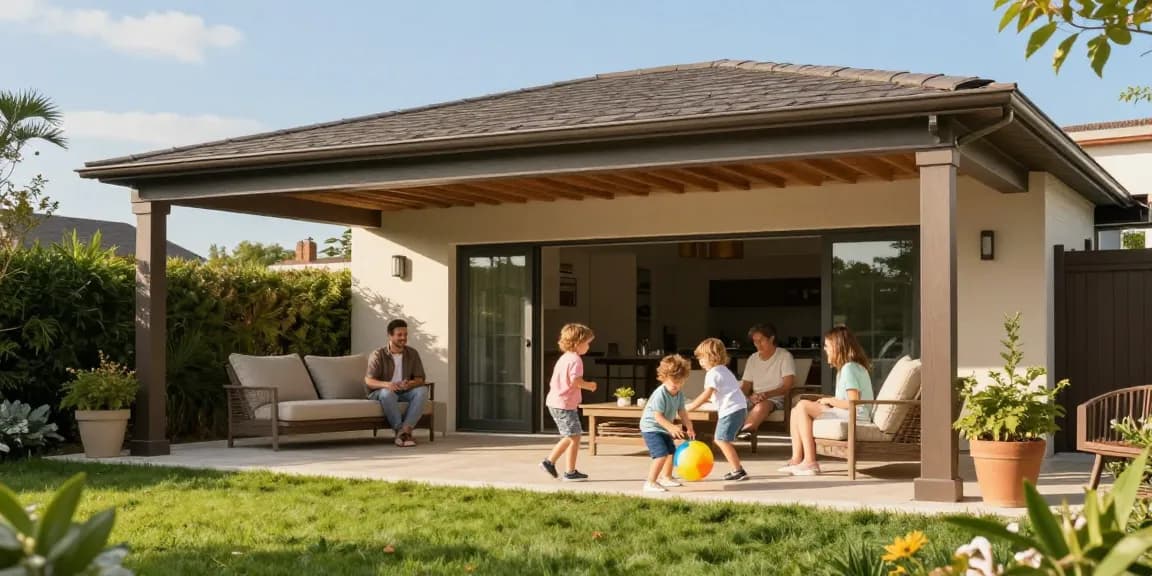 Terrassenüberdachung freistehend im Garten mit Familie und Unterhaltung