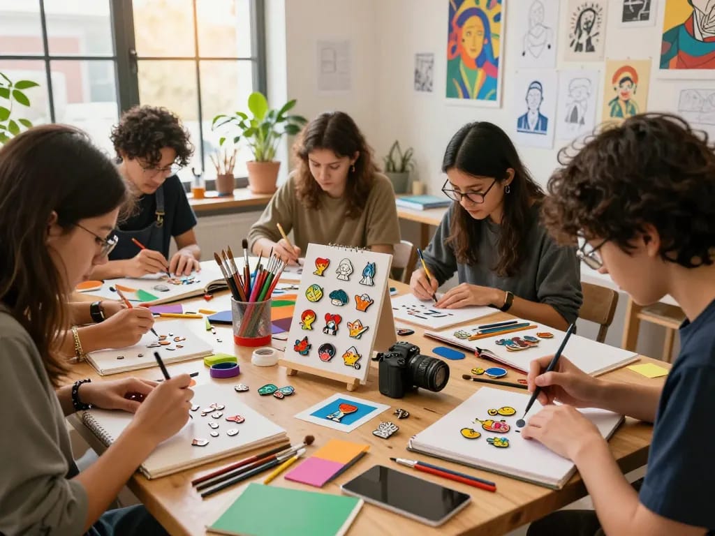 Creative individuals designing individuelle pins in a vibrant art studio, showcasing unique styles and artistic tools.