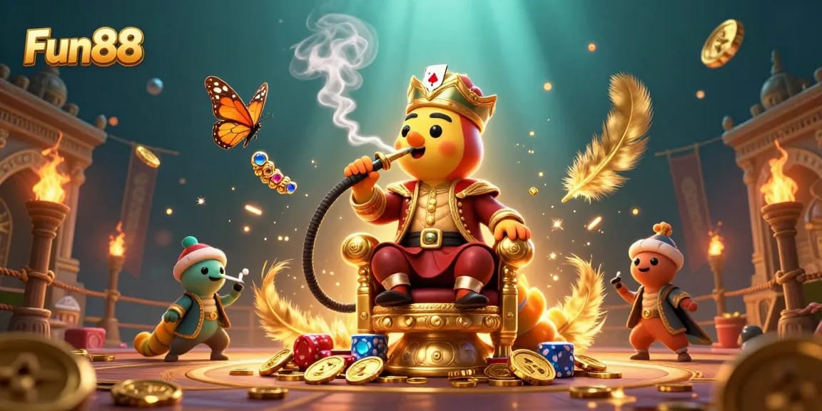 Experience Fun88 with a vibrant scene featuring a cartoon caterpillar masterfully controlling poker elements.
