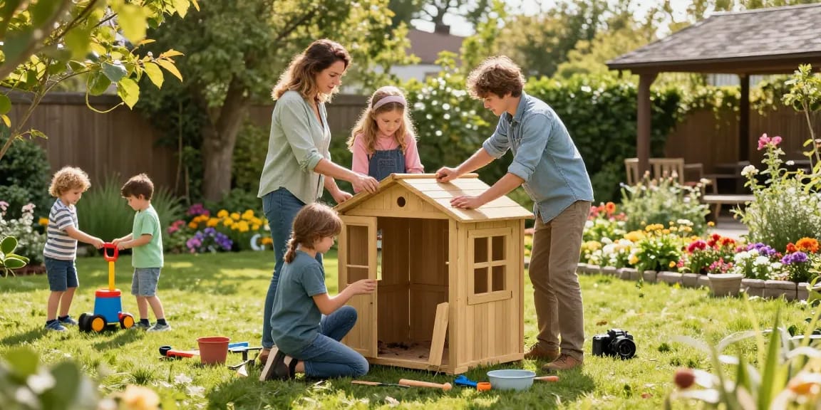 Familie baut ein Gartenhaus Holz im Garten mit Werkzeugen und bunten Blumen.