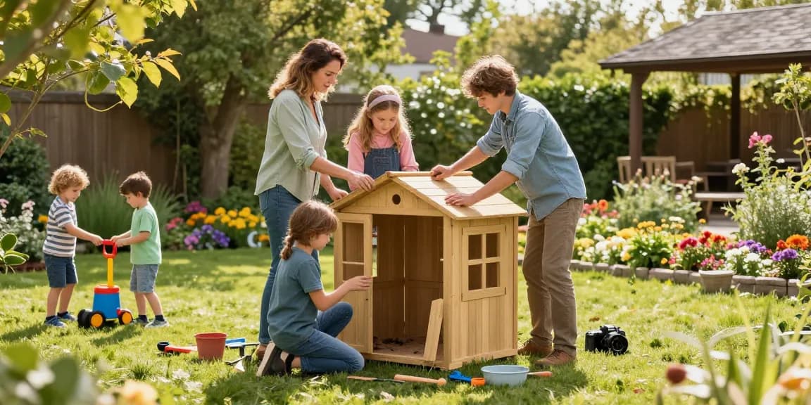 Familie baut ein Gartenhaus Holz im Garten mit Werkzeugen und bunten Blumen.